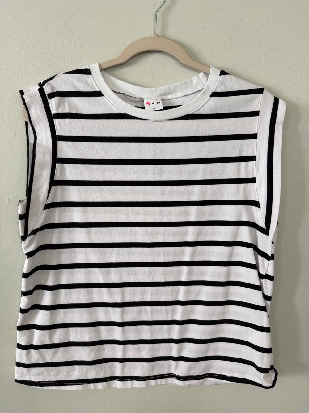 Sleeveless Crewneck Tank Top - White with Black Stripes